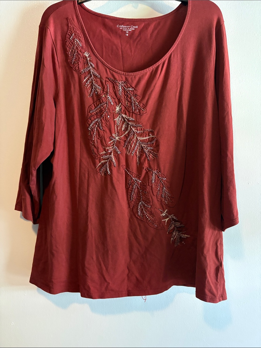 Coldwater Creek Women's Beaded Leaf Scoop Neck Top - Rust